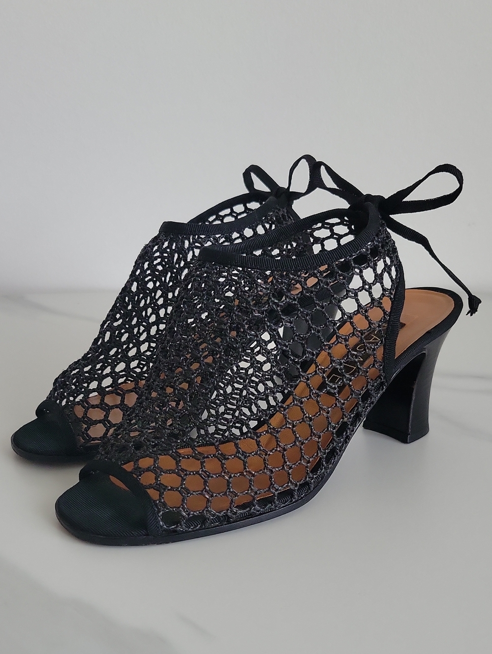 Casadei Black Lace Mesh Peep-Toe Heeled Sandals with Ankle Tie